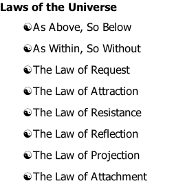 Laws of the Universe As Above, So Below As Within, So Without The Law of Request The Law of Attraction The Law of Resistance The Law of Reflection The Law of Projection The Law of Attachment